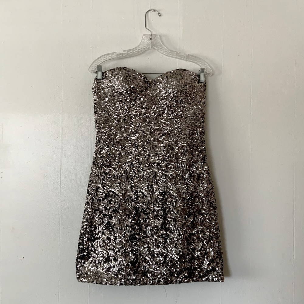 Allure Silver Sequin Strapless Mini Dress